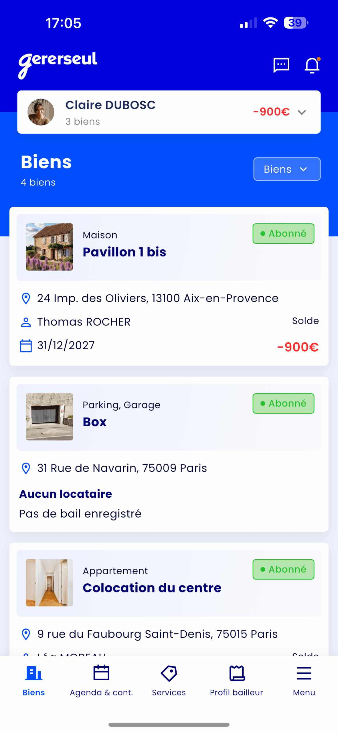 Captures d'écrans de la gestion des locations sur Gererseul